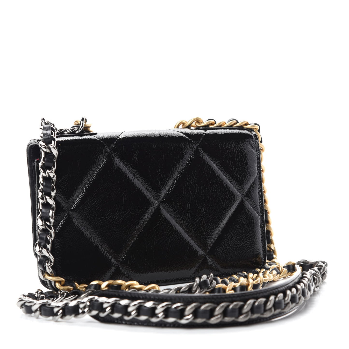 Shiny Crumpled Calfskin Quilted Chanel 19 Wallet On Chain WOC Black