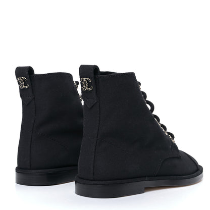 Chanel Cotton Grosgrain Cap Toe CC Lace Up Boots 37 Black 7 of 15