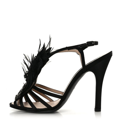 Chanel Satin Feather Gripoix Poured Glass Crystal CC Sandals 39 Black 1 of 7