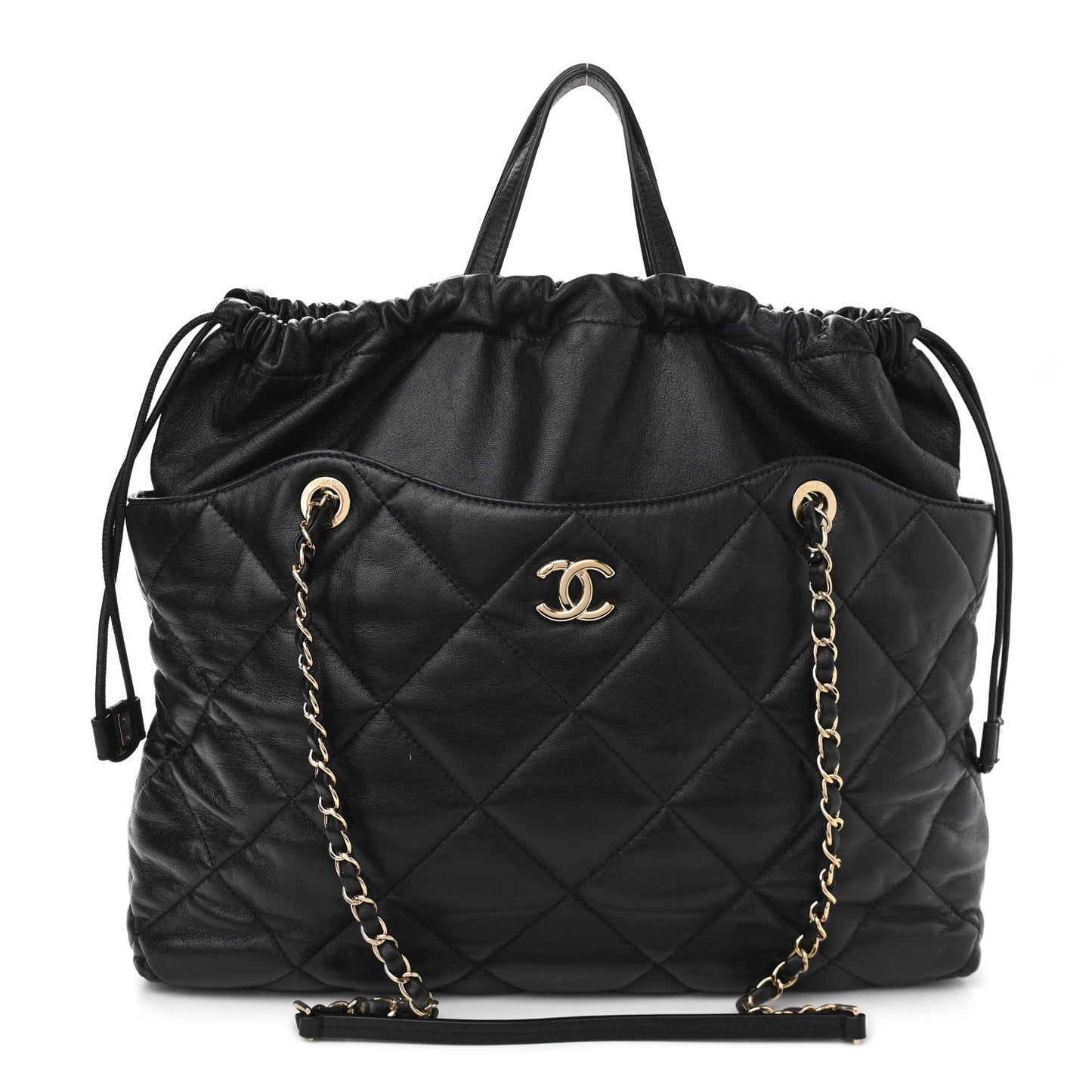 Lambskin Quilted Drawstring Shopping Bag Black