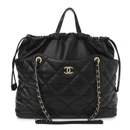 Chanel Lambskin Quilted Drawstring Shopping Bag Black 1 of 11