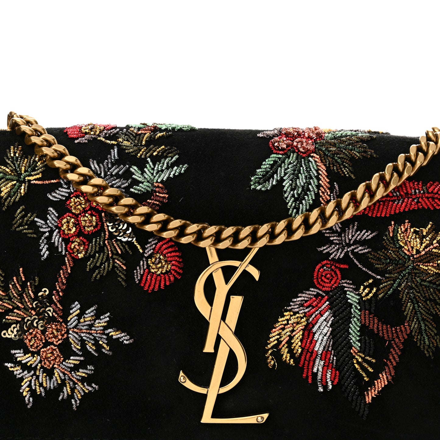 Suede Embroidered Birds Monogram Chain Wallet Black
