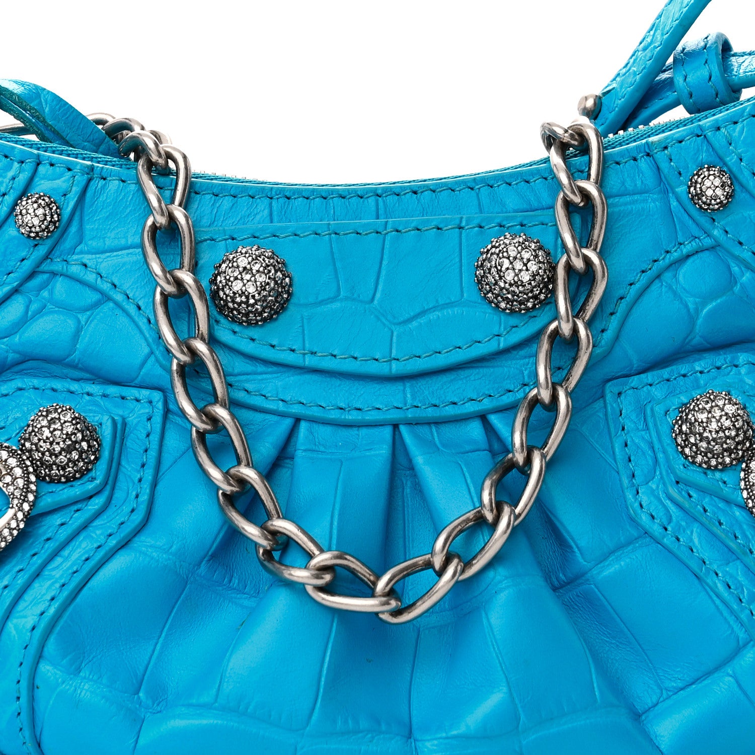 Balenciaga Extra Supple Calfskin Crocodile Embossed Crystal Mini Le Cagole Purse With Chain Cyan 9 of 11