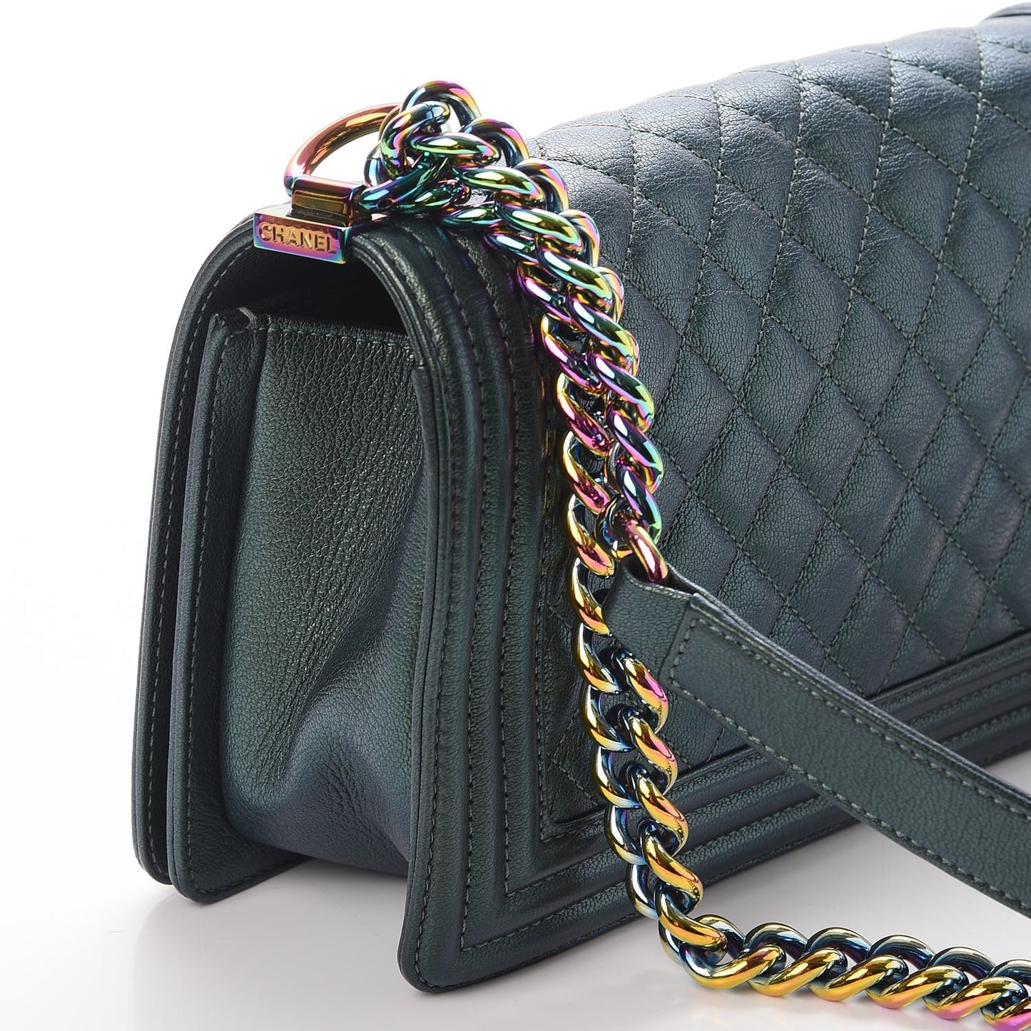 Iridescent Goatskin Quilted Medium Boy Flap Green