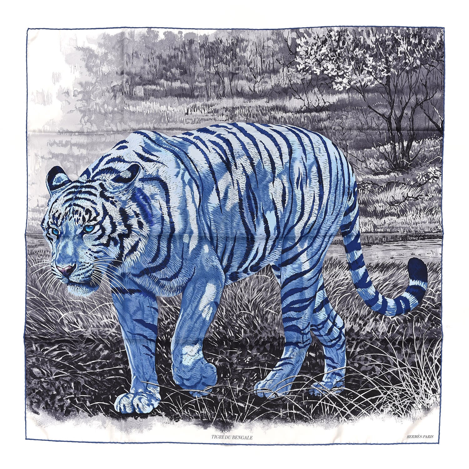 Hermes Silk Tigre du Bengale Scarf 90 Anthracite Bleu Blanc 1 of 4