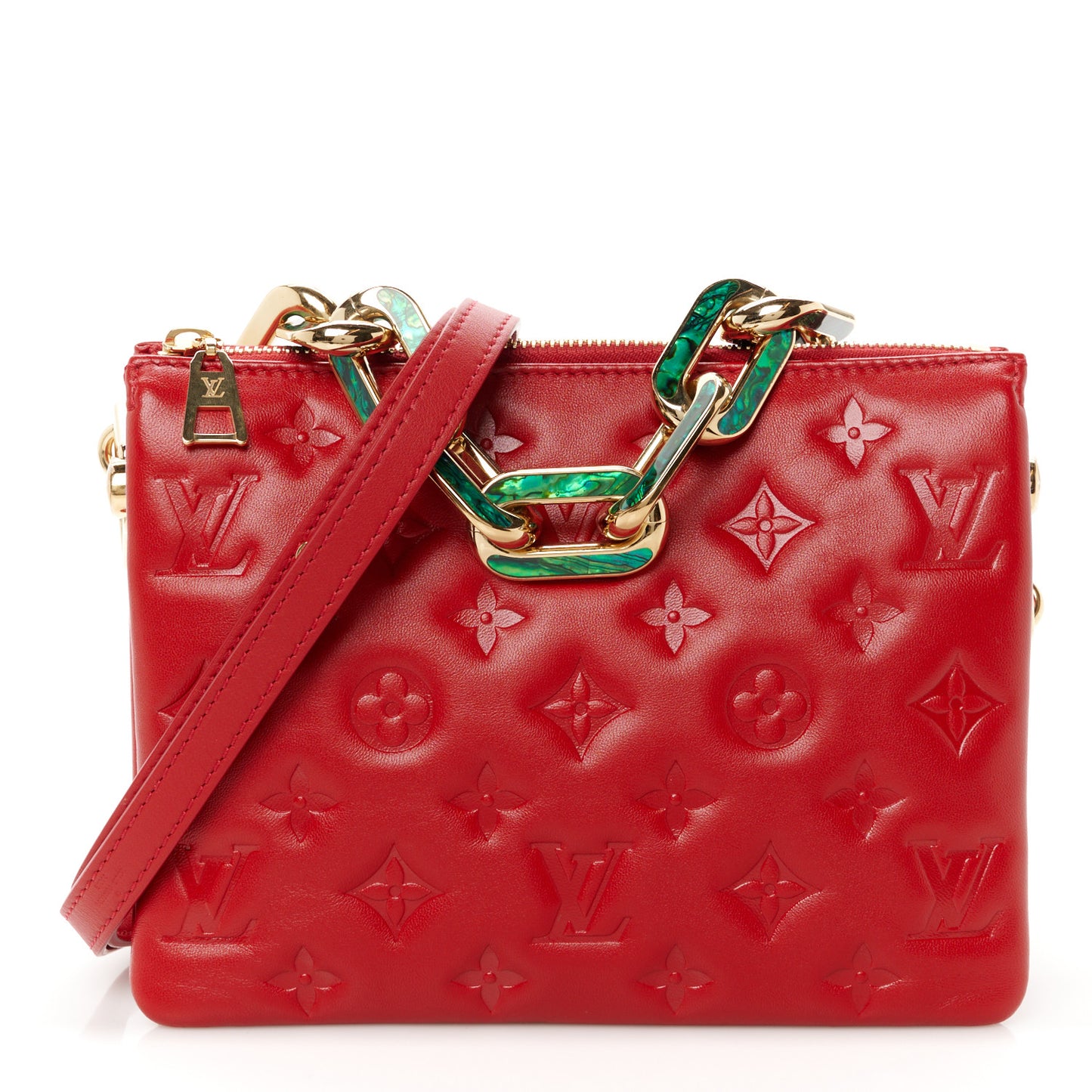 Mother of Pearl Lambskin Embossed Monogram Coussin BB Red Green