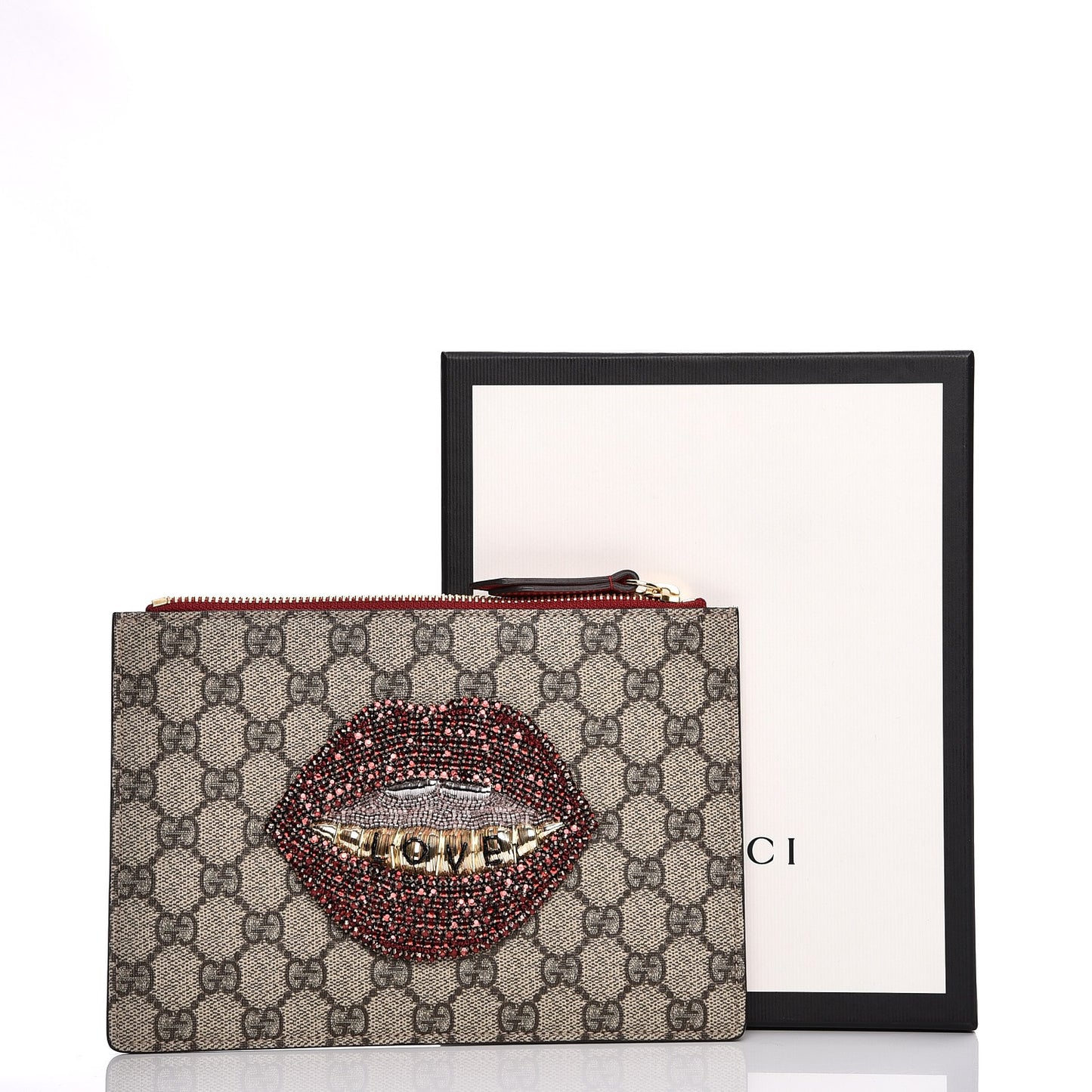 GG Supreme Monogram Merveilles Lips Zip Pouch Hibiscus Red