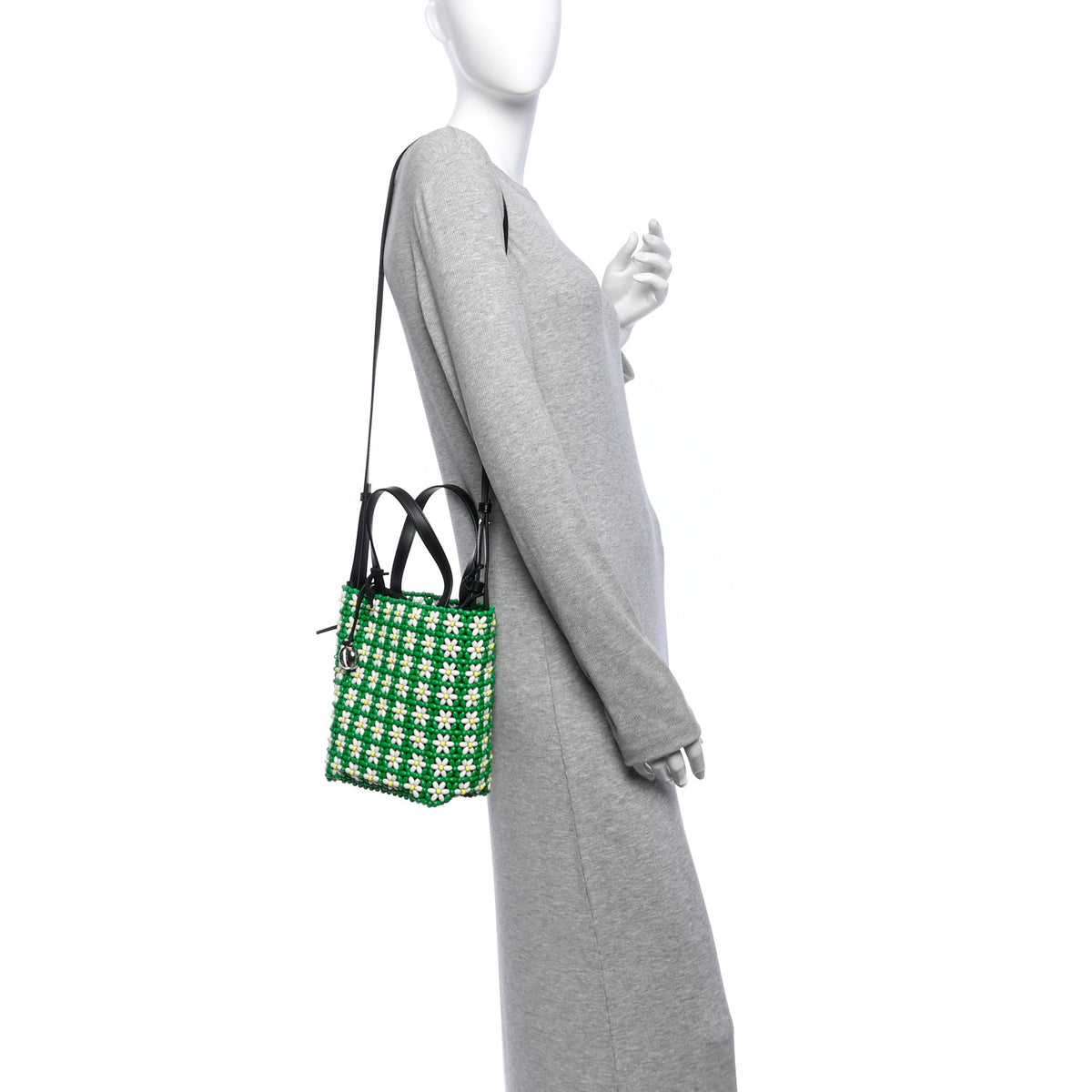 Beaded Mini Flower Drawstring Shoulder Bag Green White