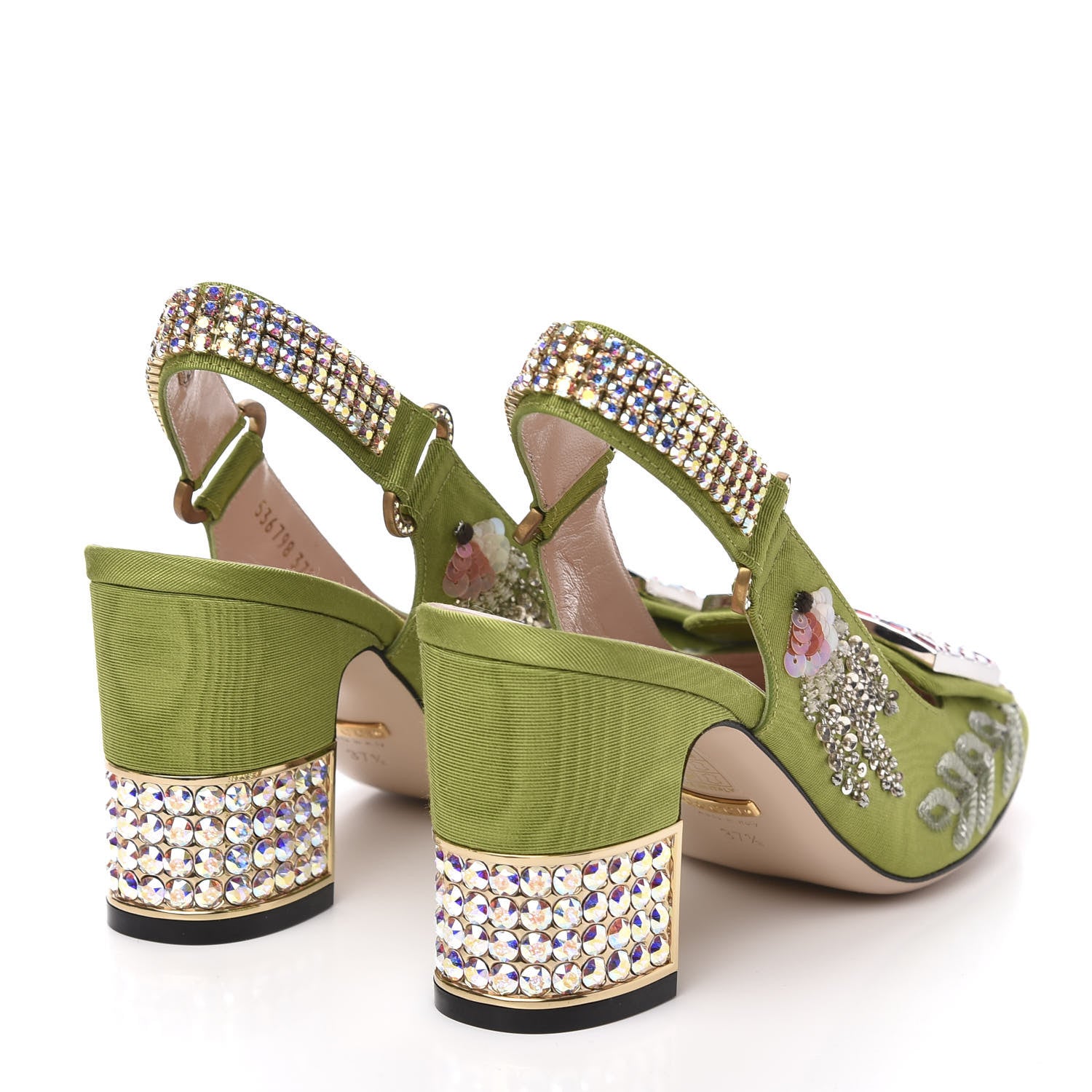 Gucci Moire Fabric Eyes Crystal Square G Madelyn Slingbacks 37.5 Lemon Leaf 4 of 11