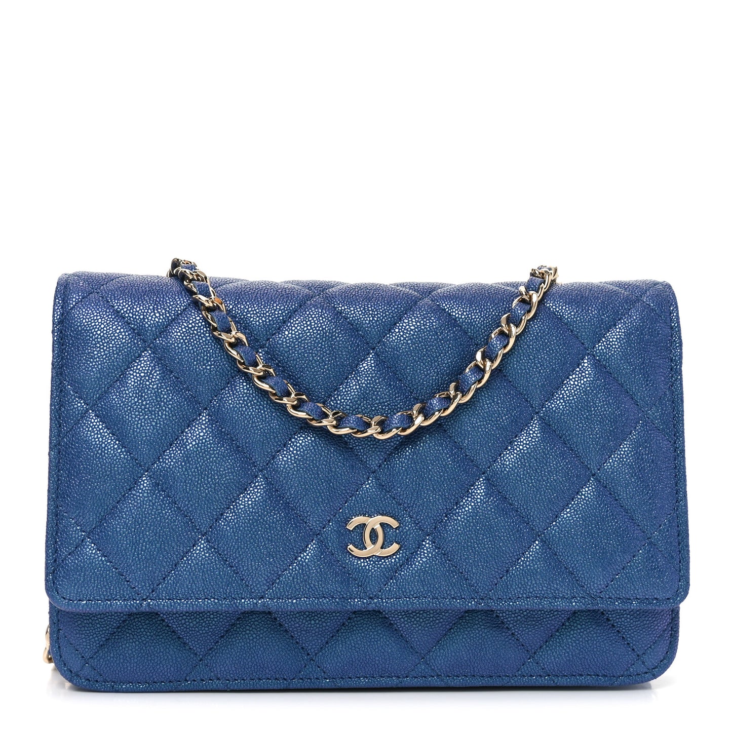 Iridescent Caviar Quilted Wallet on Chain WOC Blue