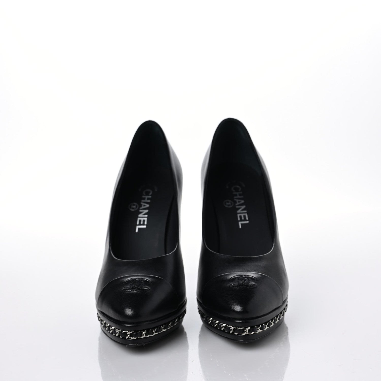 Chanel Calfskin Patent CC Cap Toe Platform Chain Pumps 38 Black 8 of 9