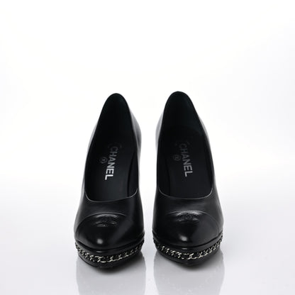 Chanel Calfskin Patent CC Cap Toe Platform Chain Pumps 38 Black 8 of 9