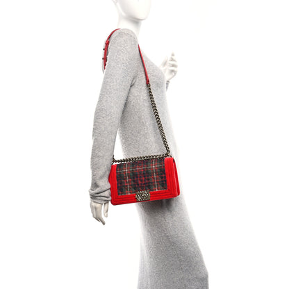 Chanel Velvet Plaid Tartan Quilted Medium Boy Flap Red 2 of 11