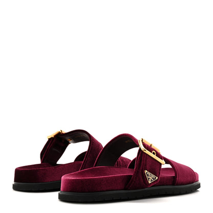 Prada Velvet Metal Triangle Logo Womens Double Buckle 20mm Slide Sandals 37.5 Bordeaux 4 of 10