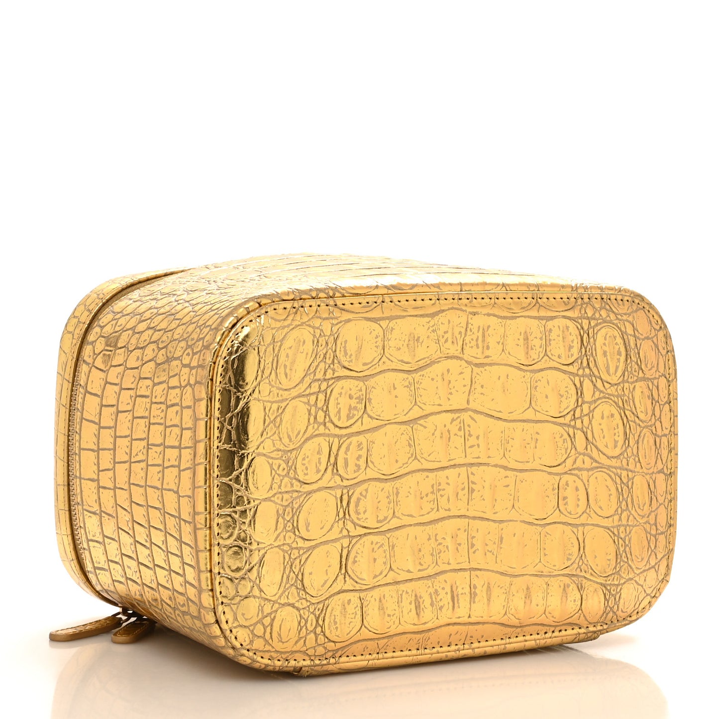 Metallic Calfskin Crocodile Embossed Cocodile Top Handle Vanity Gold