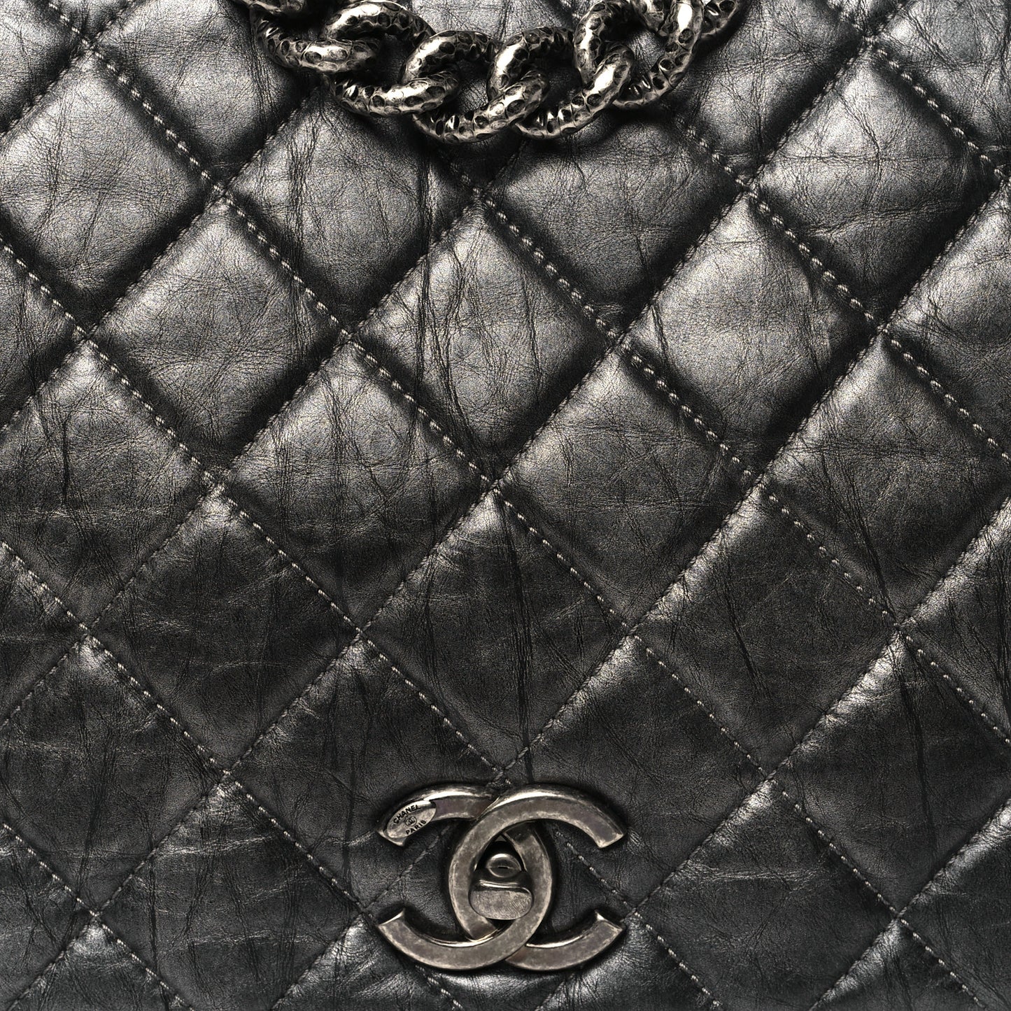 Metallic Aged Calfskin Quilted Large Pondichery Flap Dark Grey