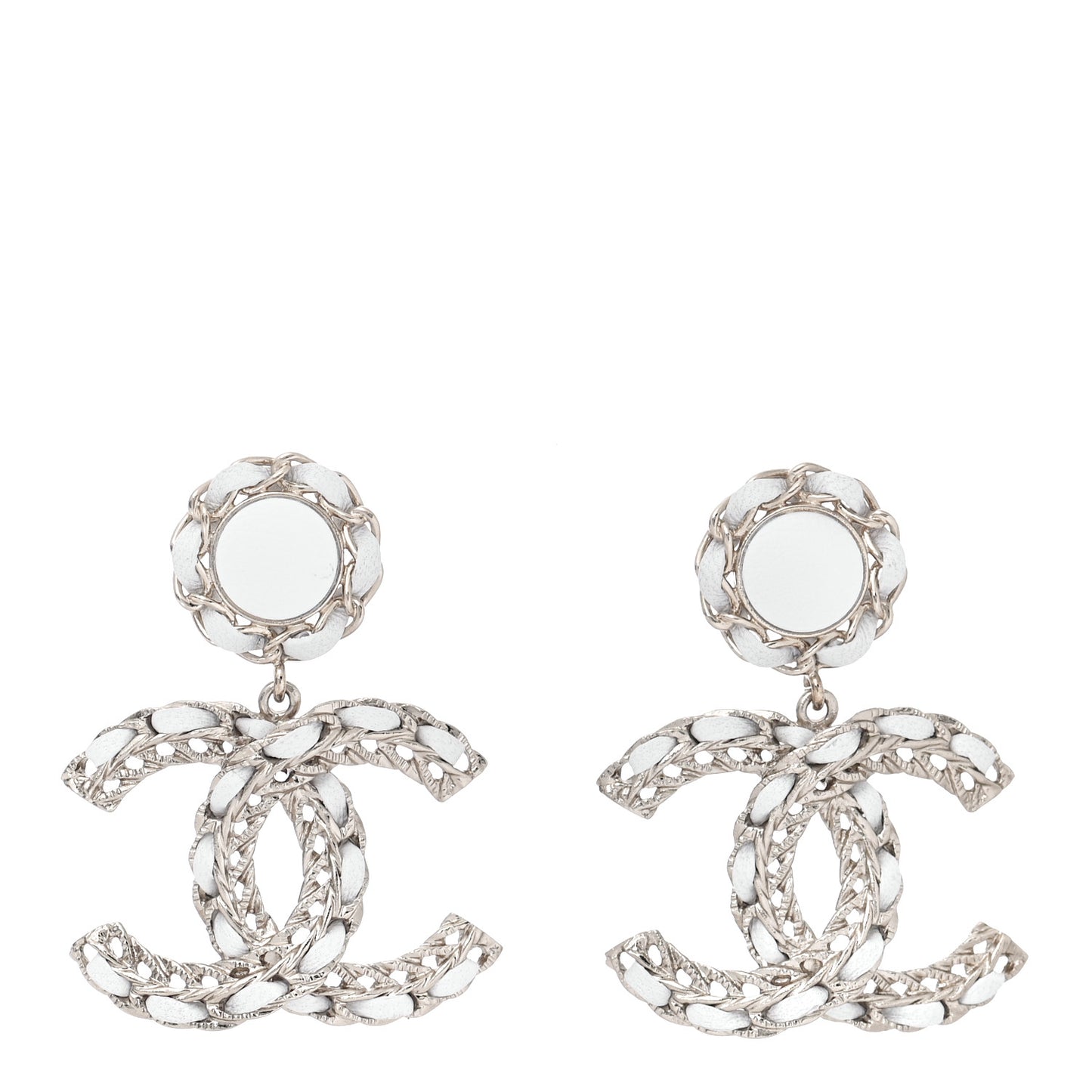 Lambskin Metal Chain CC Drop Earrings White Gold