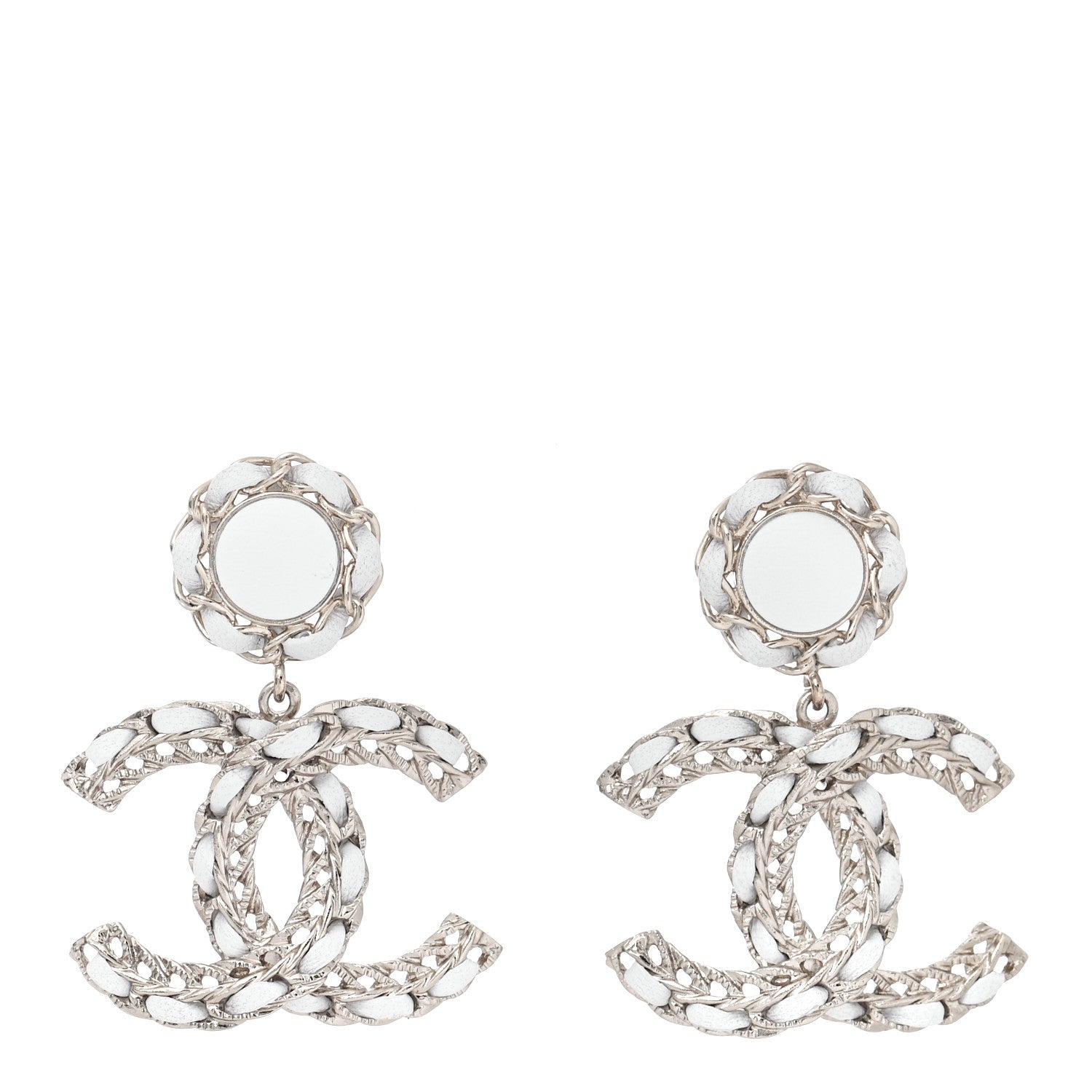 Chanel Lambskin Metal Chain CC Drop Earrings White Gold 1 of 5