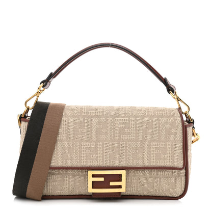 Fendi Sardinian Jacquard Vitello King FF 1974 Embroidered Baguette Corda Praline 1 of 10