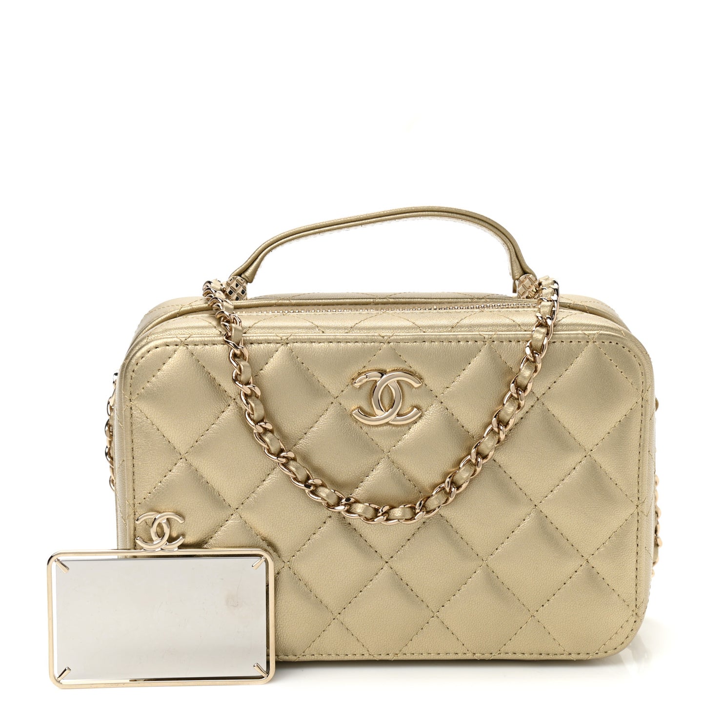 Metallic Lambskin Quilted Top Handle Vanity Case Gold