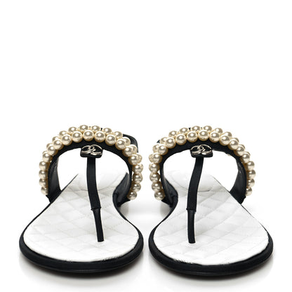 Chanel Grosgrain Pearl CC Sandals 40.5 Black 1 of 9