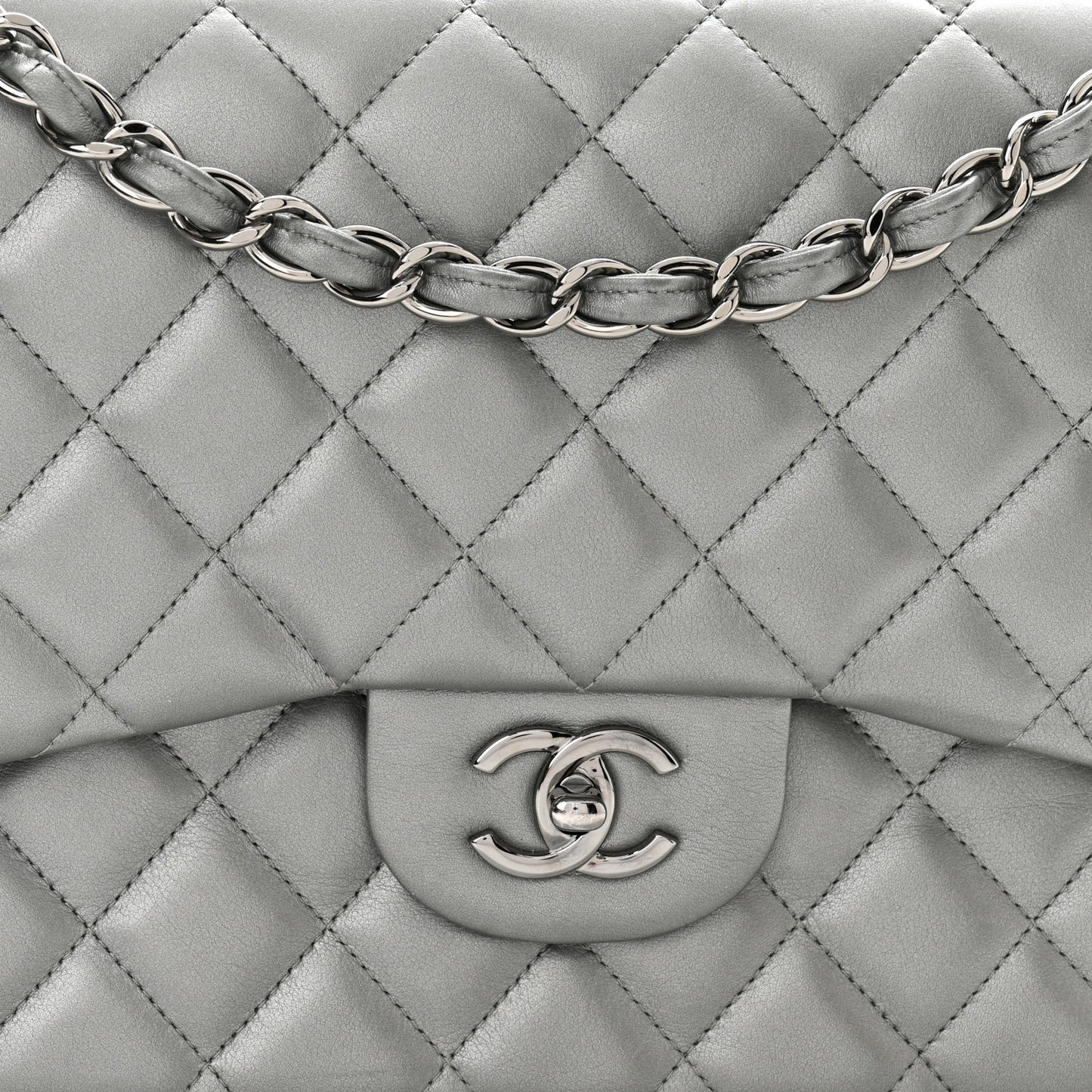 Metallic Calfskin Quilted Jumbo Double Flap Silver