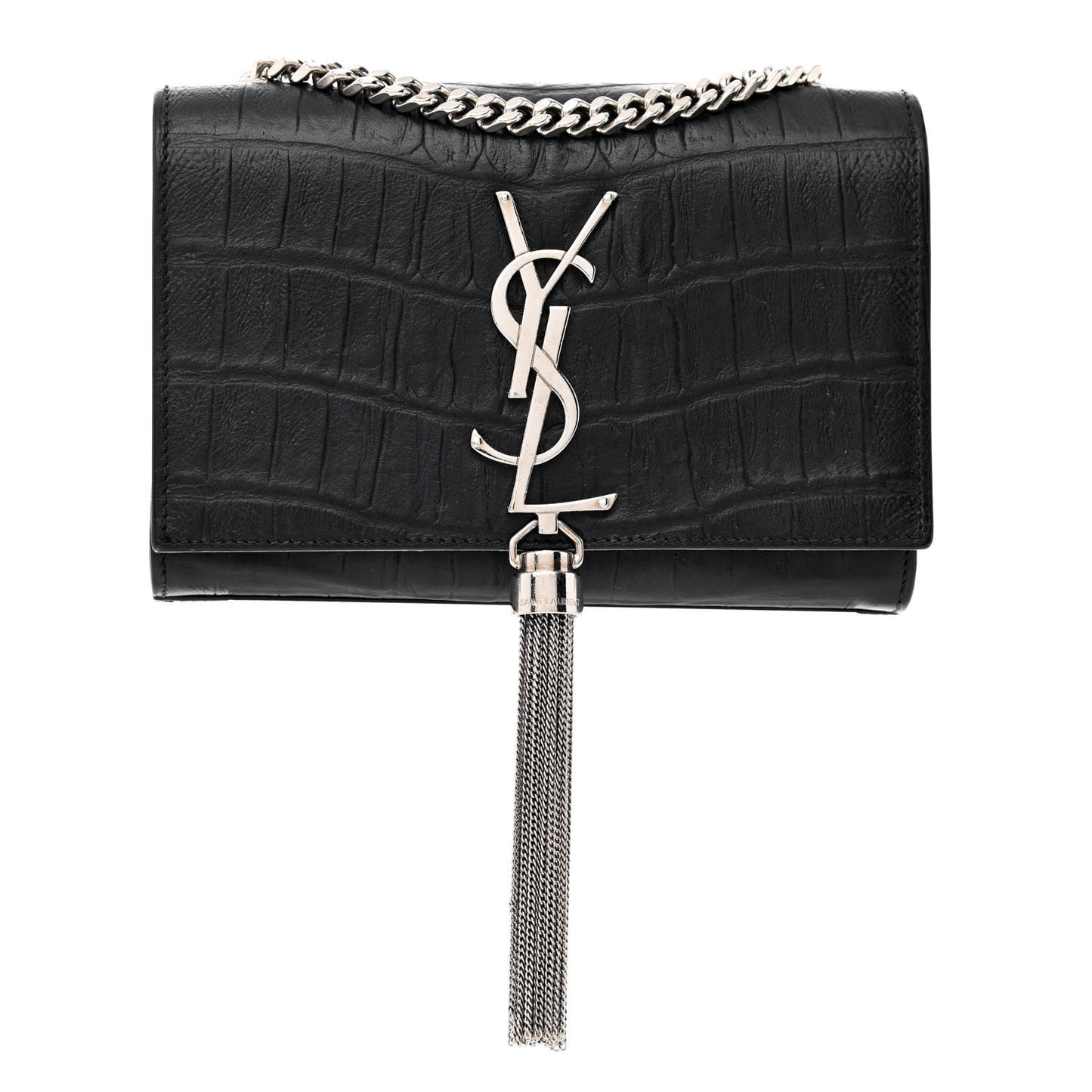 Calfskin Crocodile Embossed Small Classic Monogram Kate Tassel Satchel Black