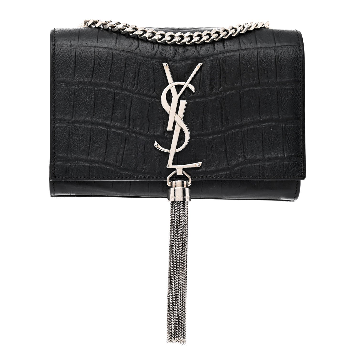 Saint Laurent Calfskin Crocodile Embossed Small Classic Monogram Kate Tassel Satchel Black 1 of 11