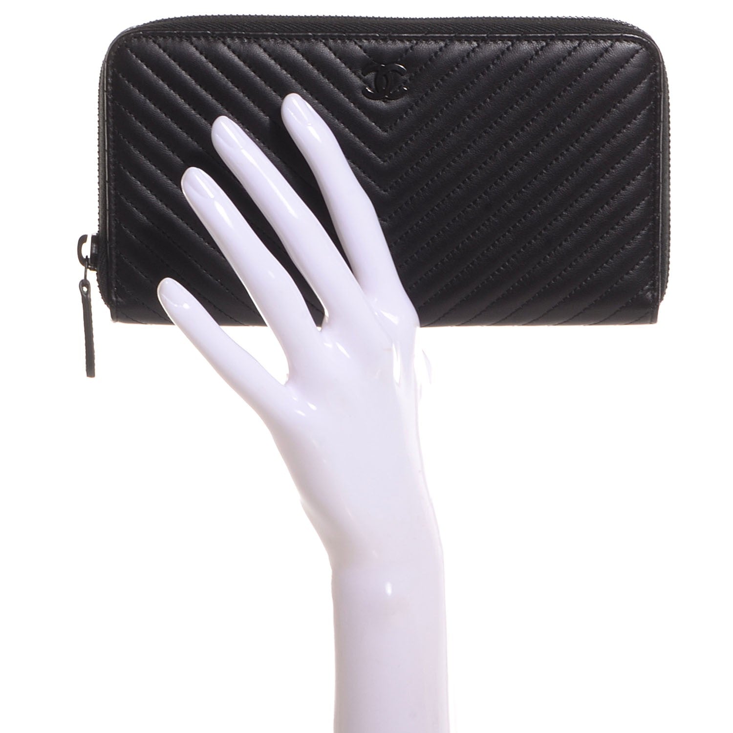 Chanel Lambskin Chevron Zip Wallet Black 2 of 9