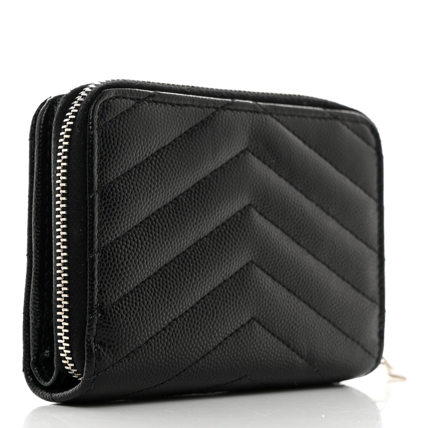 Saint Laurent Grain De Poudre Matelasse Chevron Monogram Compact Zip Around Wallet Black 3 of 7
