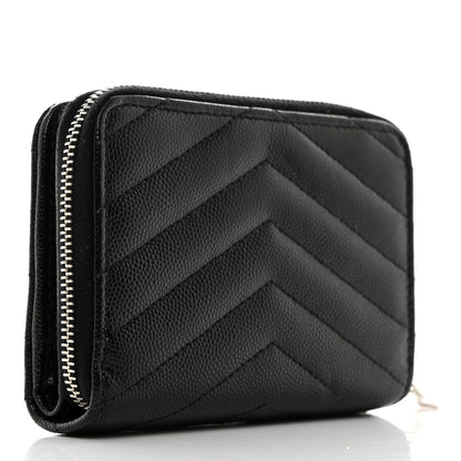 Saint Laurent Grain De Poudre Matelasse Chevron Monogram Compact Zip Around Wallet Black 3 of 7