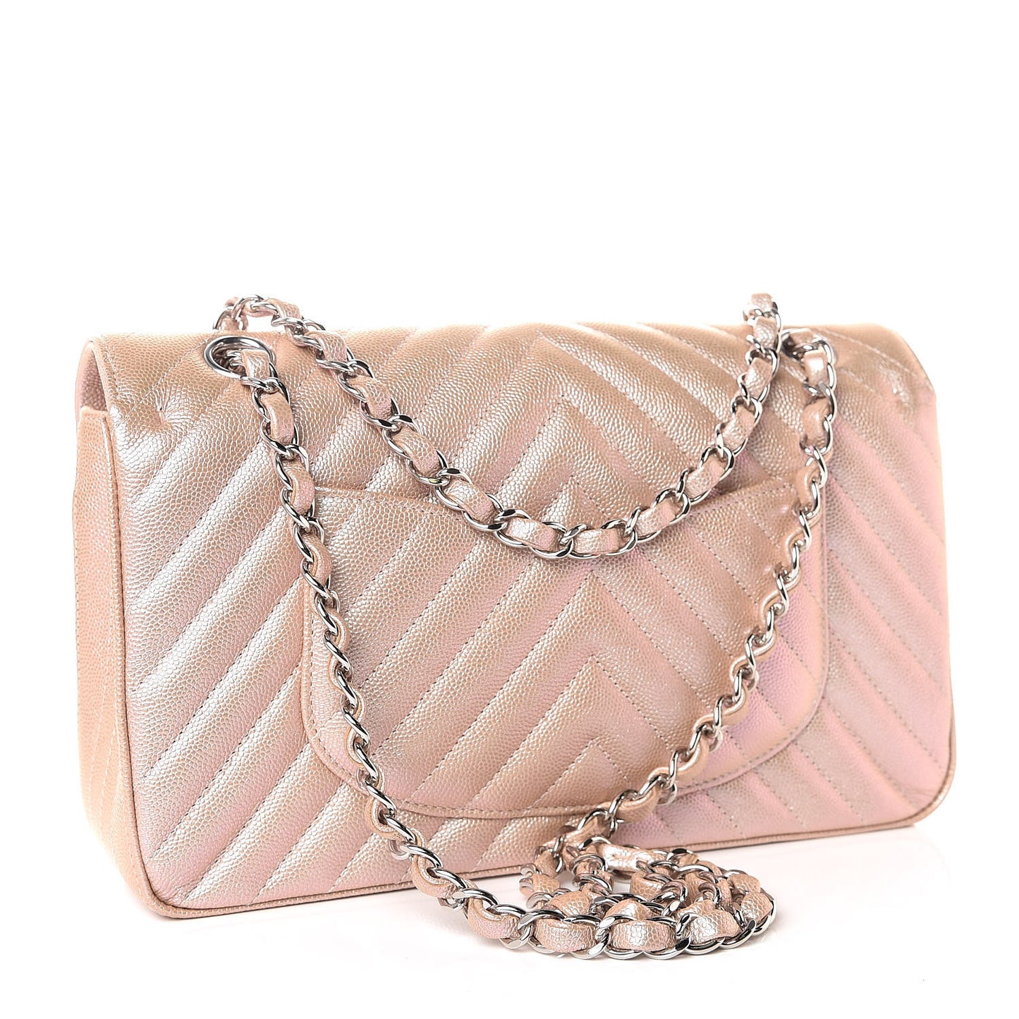 Metallic Caviar Chevron Quilted Medium Double Flap Light Gold