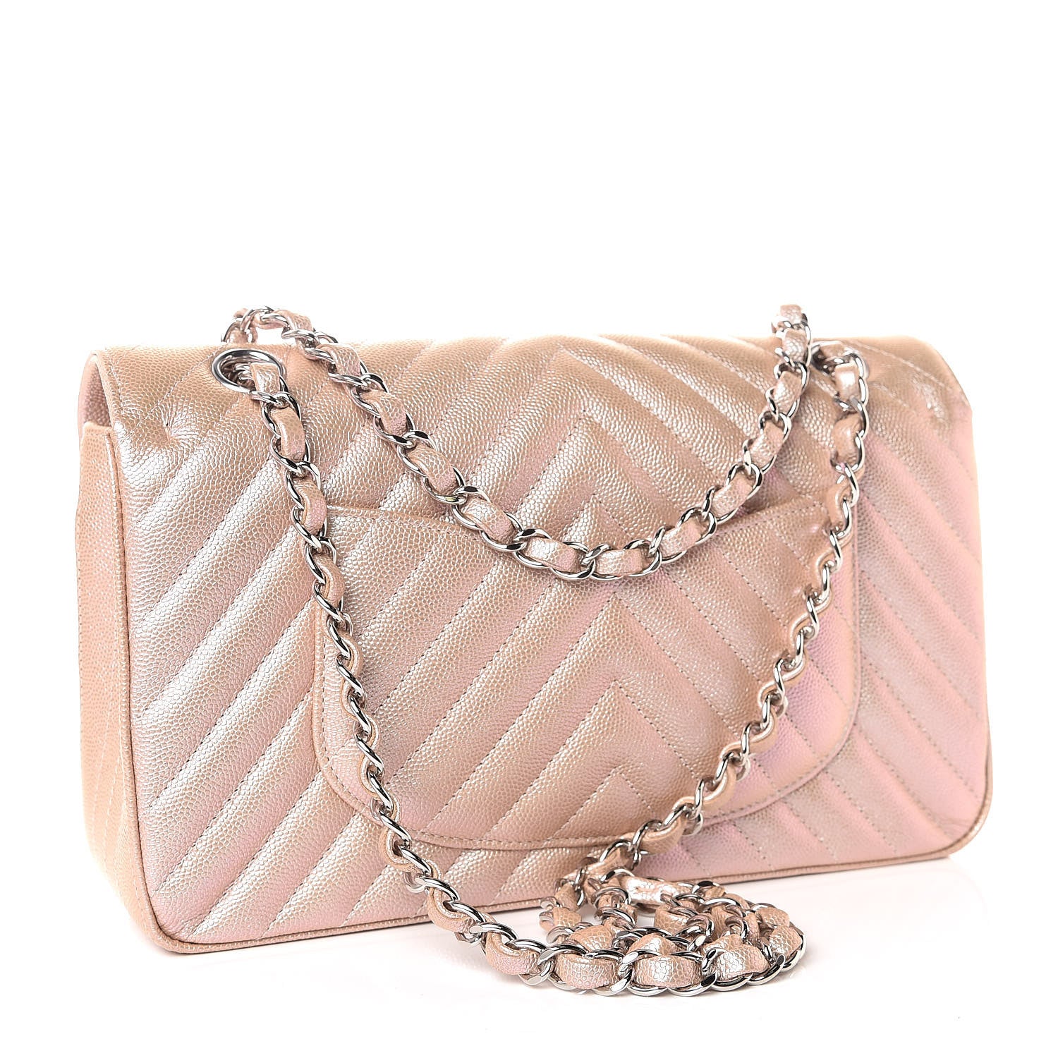 Chanel Metallic Caviar Chevron Quilted Medium Double Flap Light Gold 4 of 11