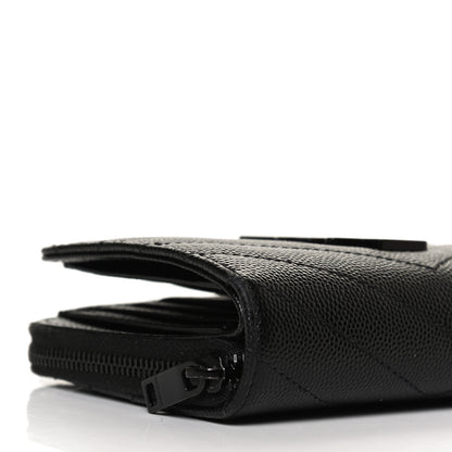 Saint Laurent Grain De Poudre Matelasse Chevron Monogram Monochrome Compact Zip Around Wallet Black 8 of 13