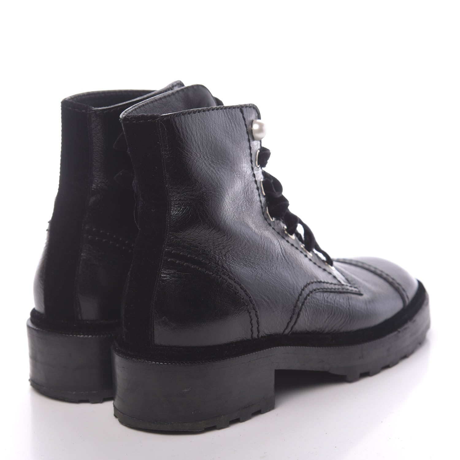 Chanel Calfskin Velvet Pearl Combat Short Boots 37 Black 4 of 8