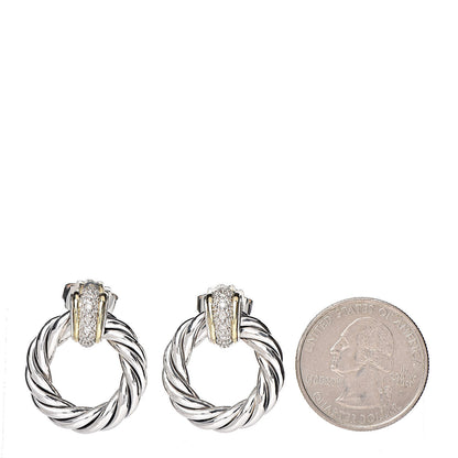David Yurman Sterling Silver Yellow Gold Diamond Door Knocker Cable Earrings 2 of 5