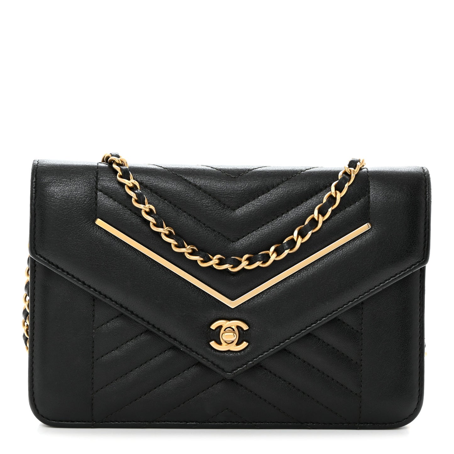 Lambskin Reversed Chevron Quilted Flap Black