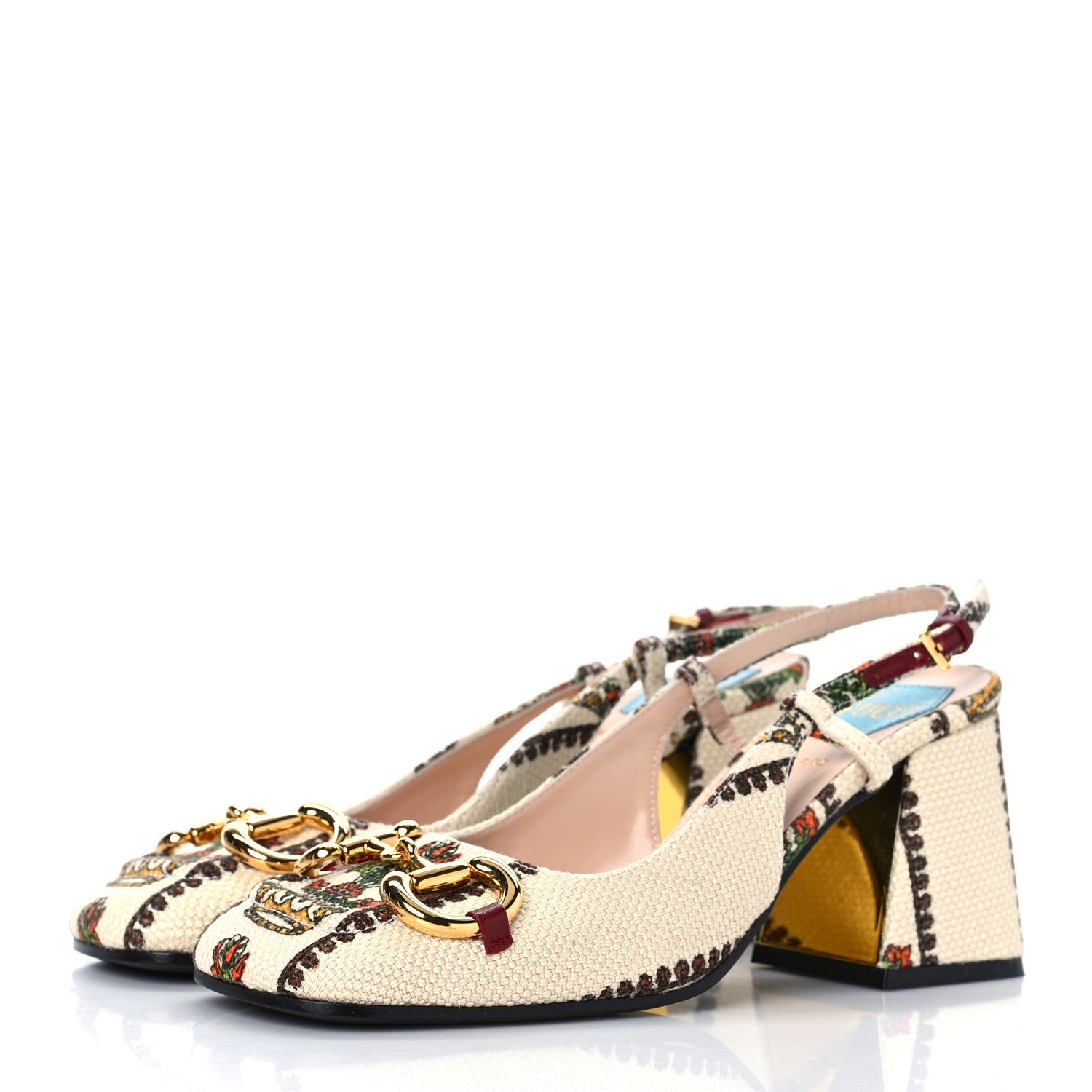 Gucci Canvas 100 Centennial Horsebit 75mm Slingback Pumps 35.5 Beige Multicolor 3 of 8