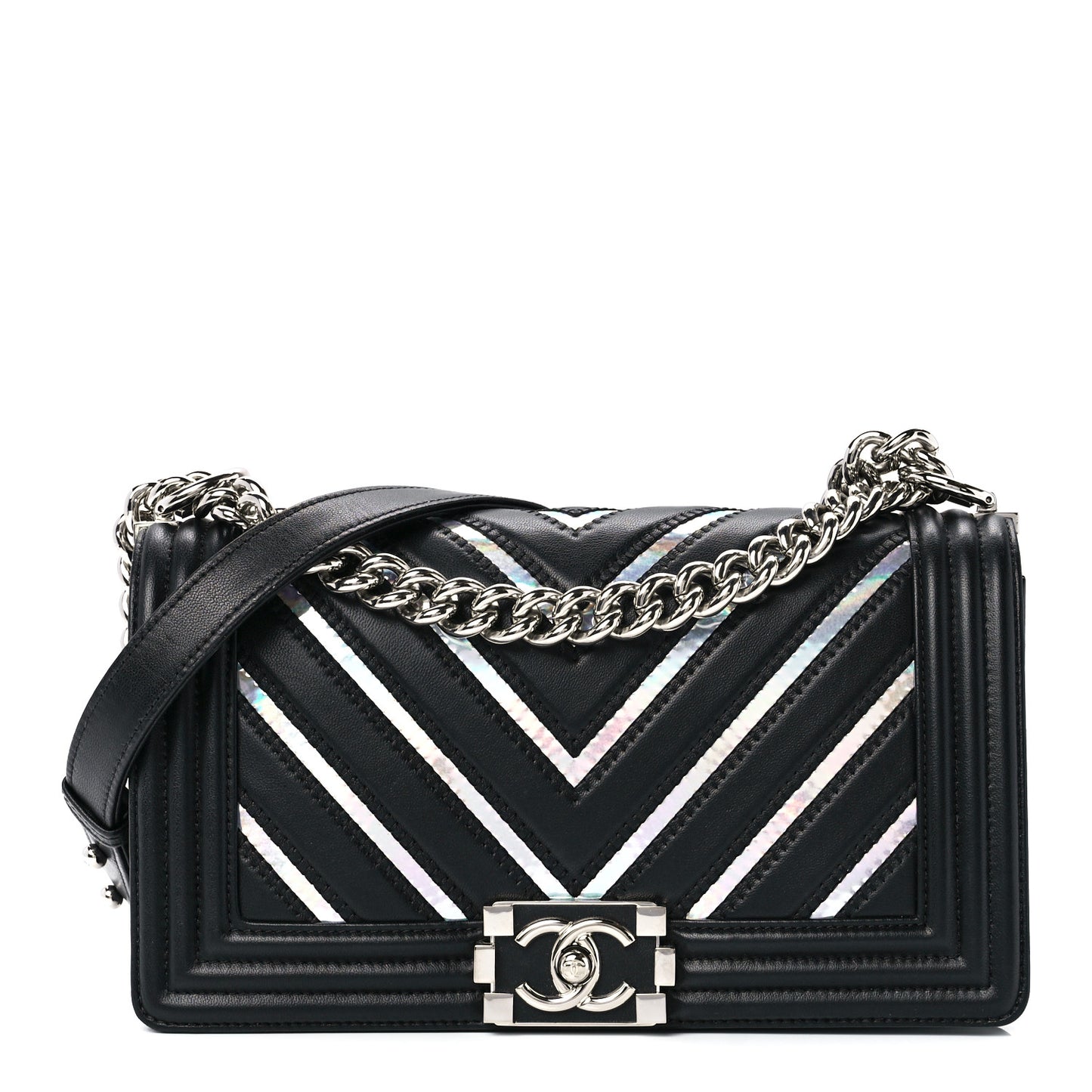 Lambskin Iridescent PVC Chevron Quilted Medium Boy Flap Black Silver