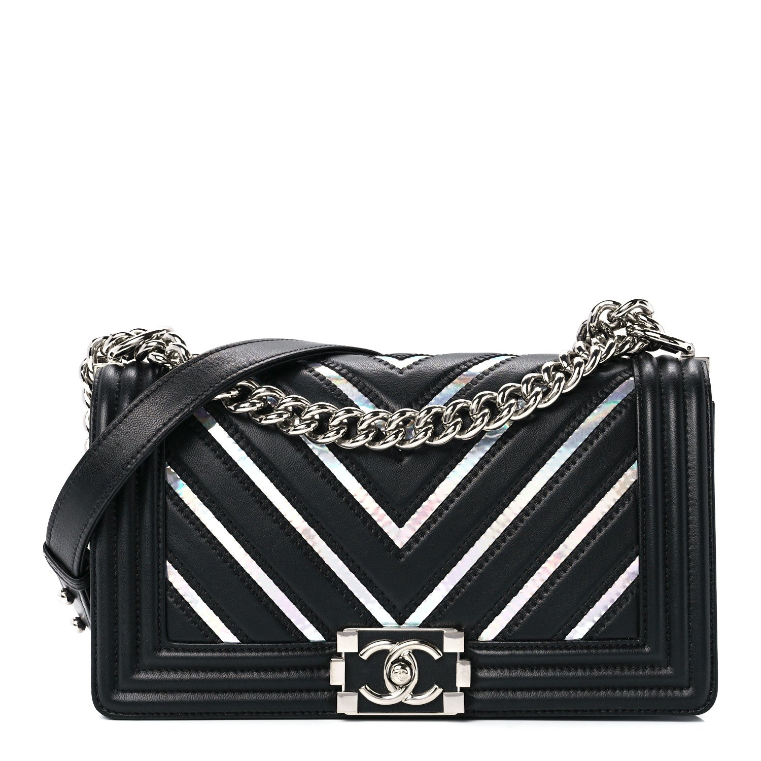 Chanel Lambskin Iridescent PVC Chevron Quilted Medium Boy Flap Black Silver 1 of 11