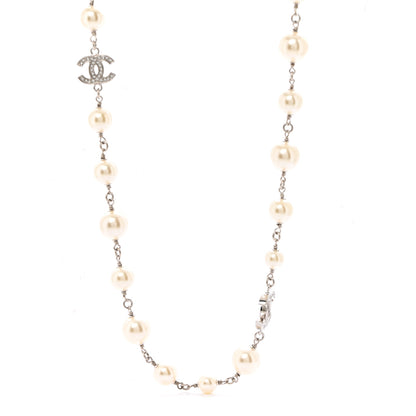 Chanel Crystal Pearl CC Long Necklace Silver 4 of 7