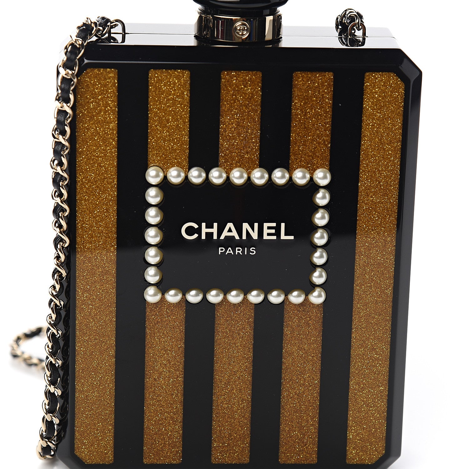 Chanel Plexiglass Perfume Bottle Clutch Black Gold 9 of 10