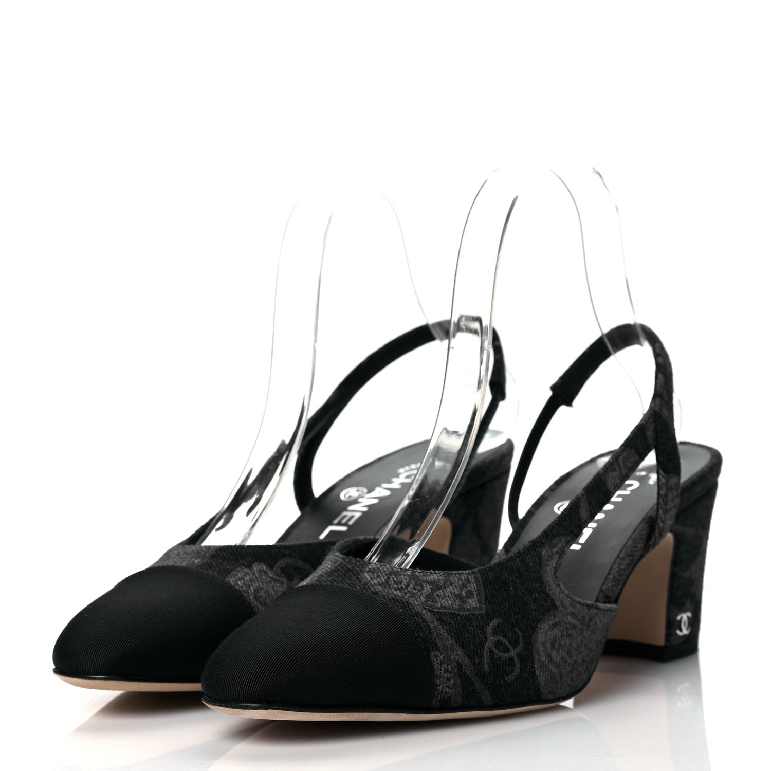 Chanel Denim Cap Toe CC Slingback Pumps 38 Charcoal Black Blue 3 of 10