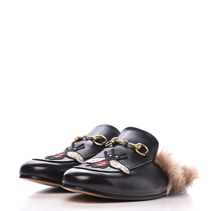 Gucci Calfskin Fur Bee Embroidered Mens Princetown Slippers 8 Black 3 of 9