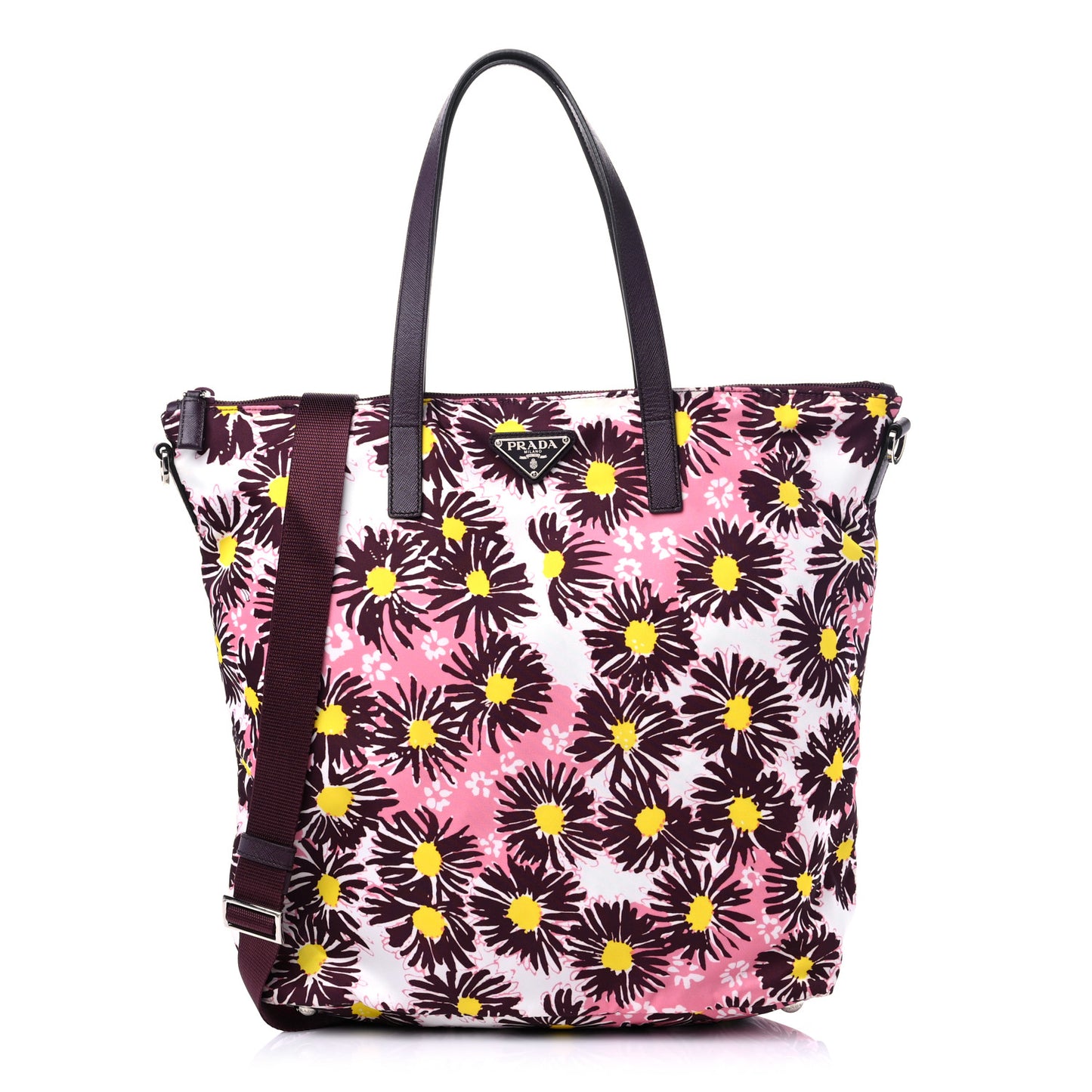Tessuto Nylon Saffiano Floral Print Tote Bordeaux