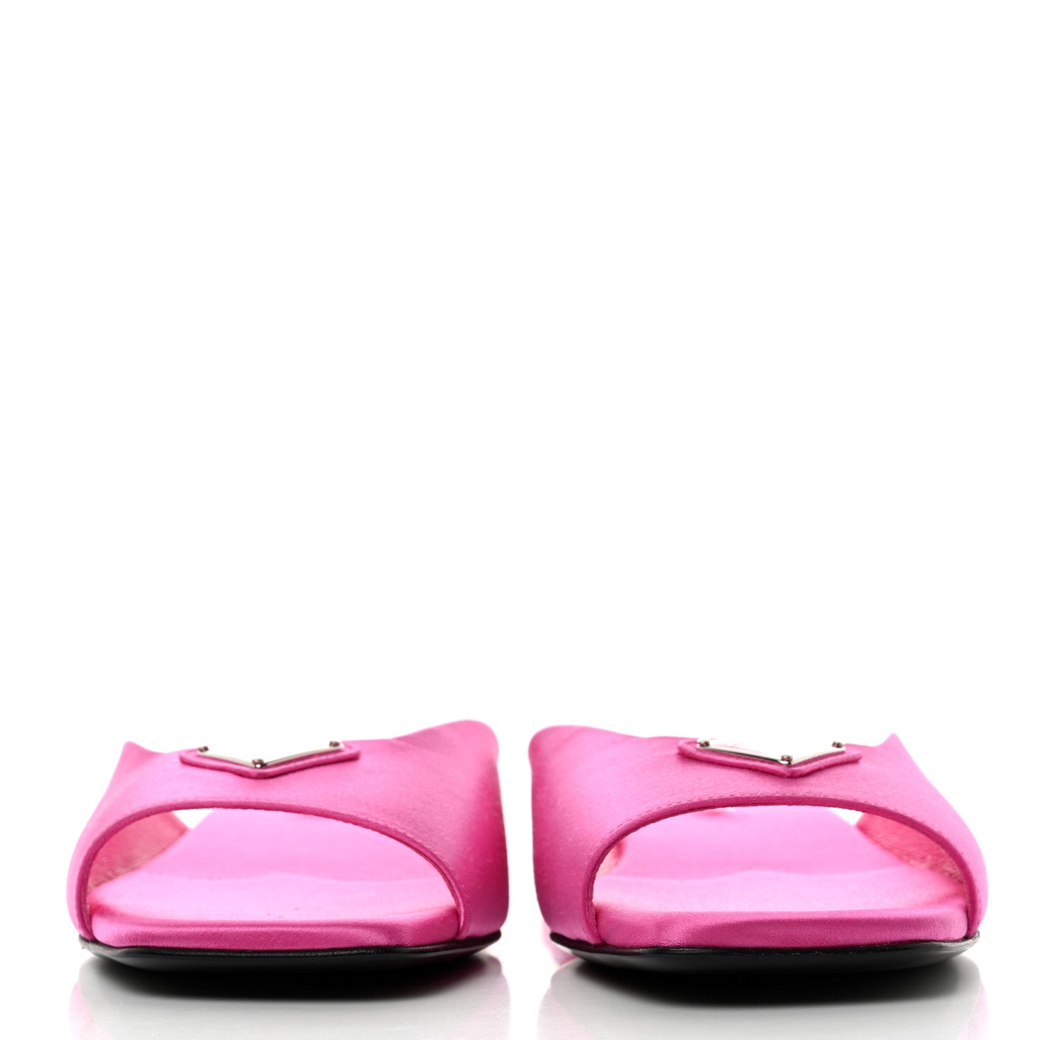 Prada Satin Metal Triangle Logo 10mm Slide Sandals 37.5 Begonia 2 of 8