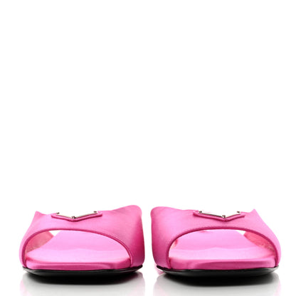 Prada Satin Metal Triangle Logo 10mm Slide Sandals 37.5 Begonia 2 of 8