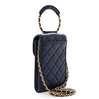 Chanel Caviar Quilted Chain Handle Round Phone Holder Dark Blue 4 of 12