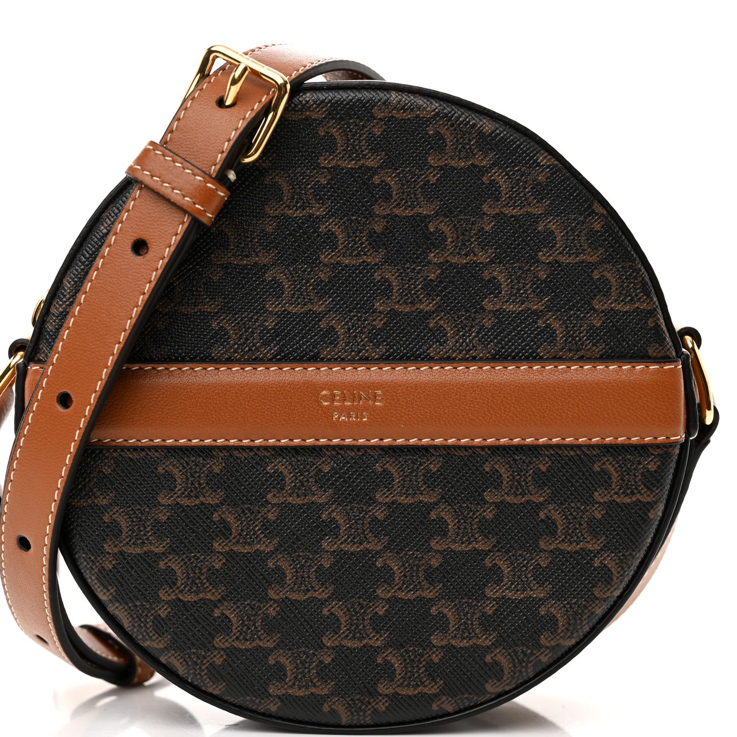 Lambskin Triomphe Canvas Round Purse On Strap Black Tan