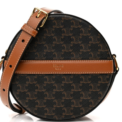 Celine Lambskin Triomphe Canvas Round Purse On Strap Black Tan 8 of 11
